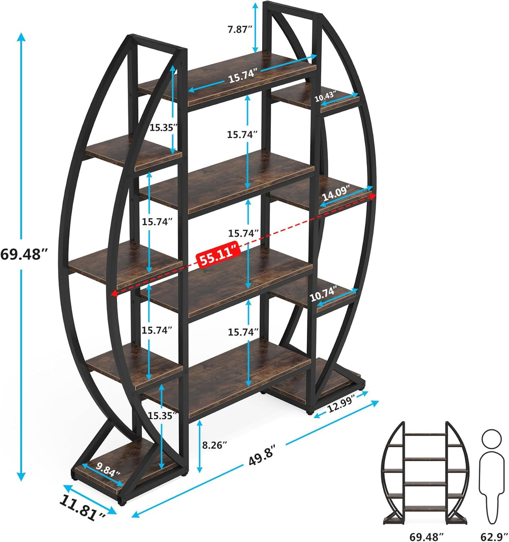 Tribesigns Oval Bookshelf, Triple Wide 5 Tier Etagere Bookcase, Industrial Di...