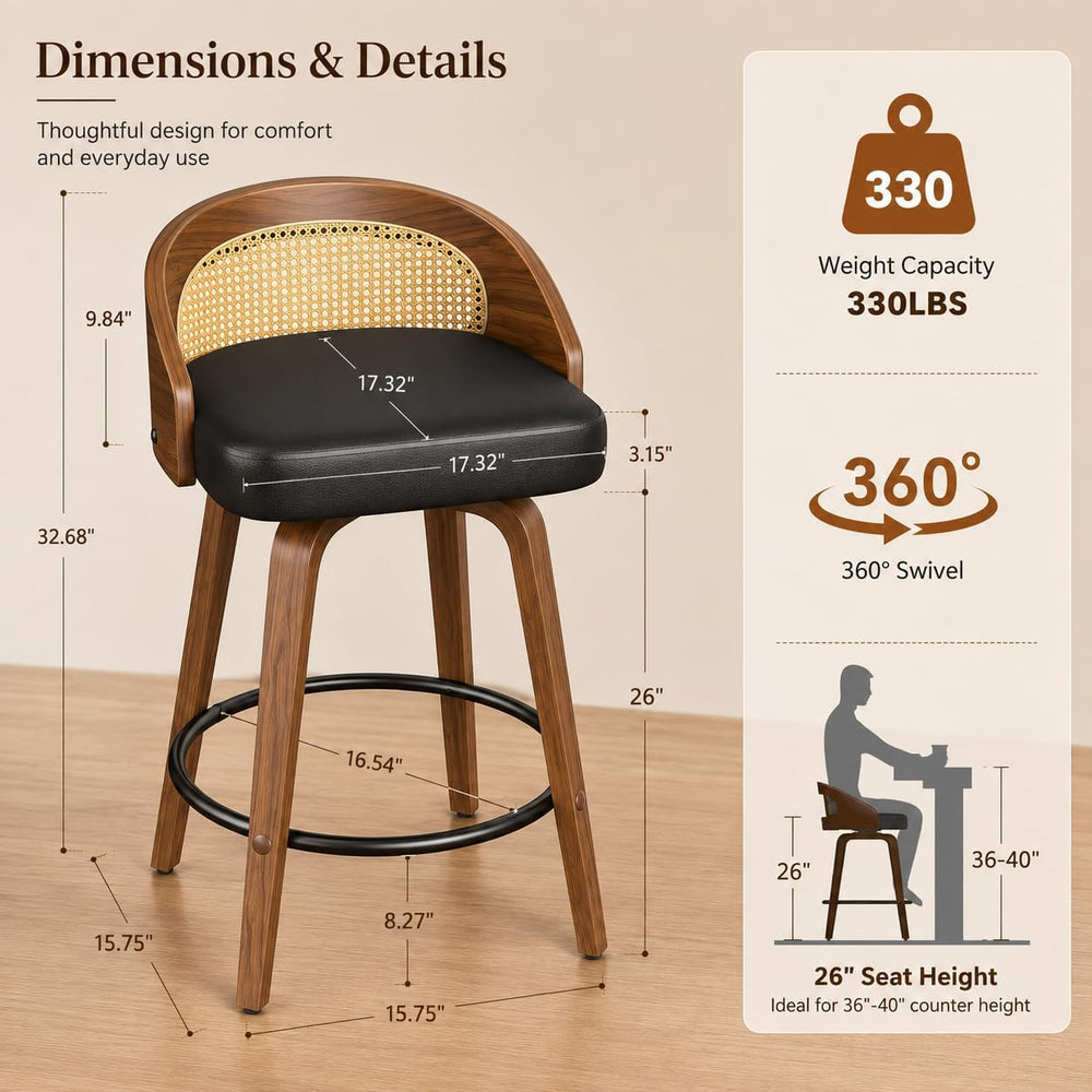 REONEY Swivel Bar Stools Set of 4, 26" Counter Height, Rattan Black