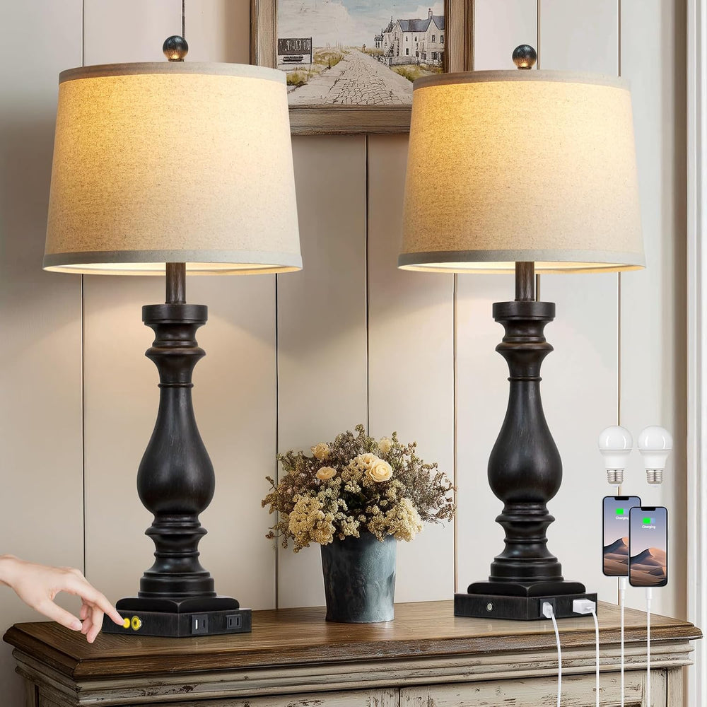 29" Tall Vintage Table Lamps Set of 2,Black Farmhouse Bedside Lamps with...