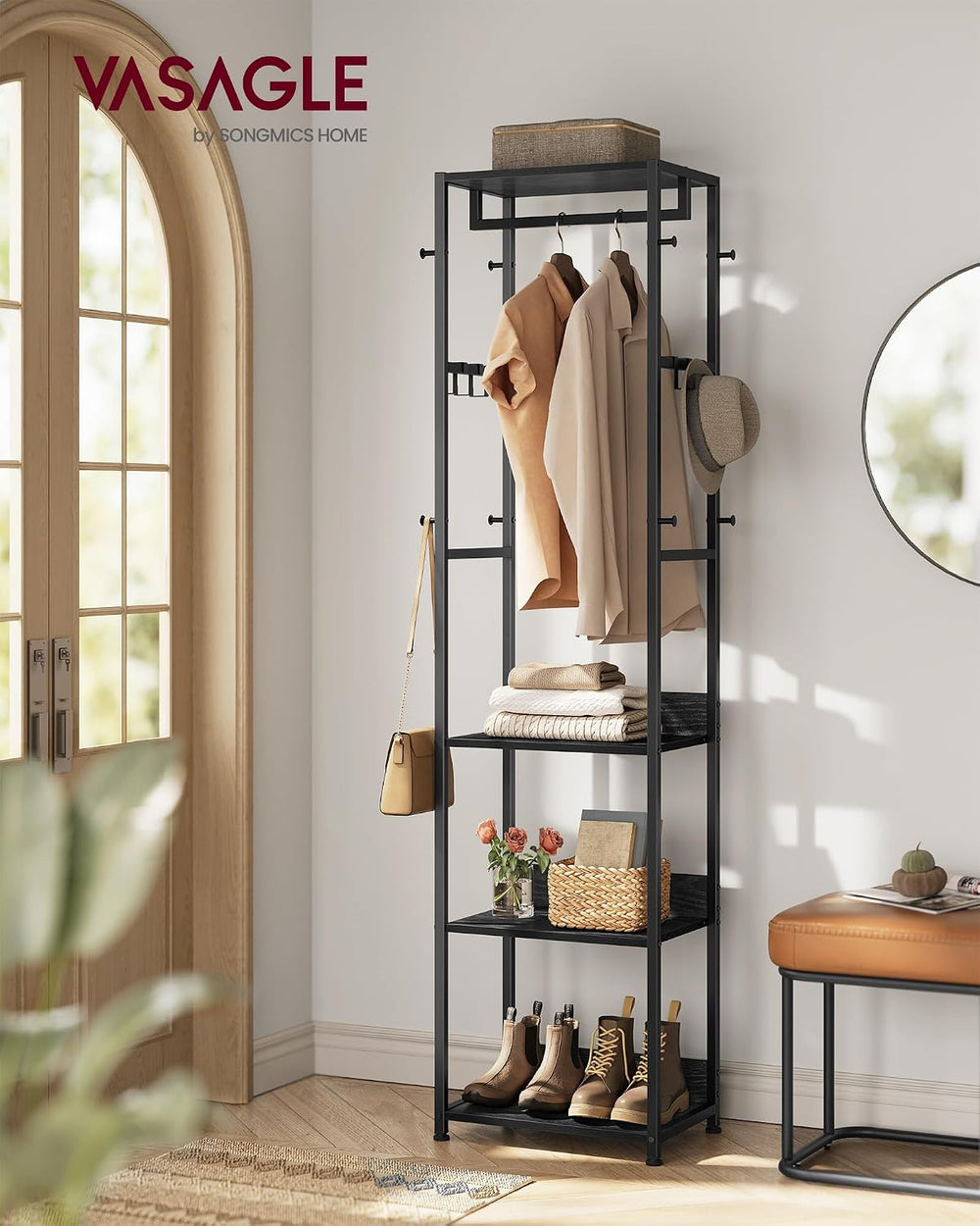VASAGLE Freestanding Coat Rack, Hall Tree with Shelves, Steel Frame