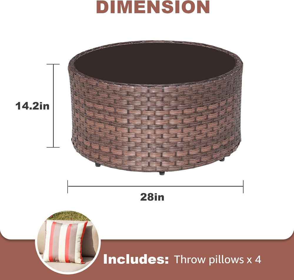 SUNSITT 28" Round Wicker Outdoor Coffee Table with Tempered Glass Top Brown