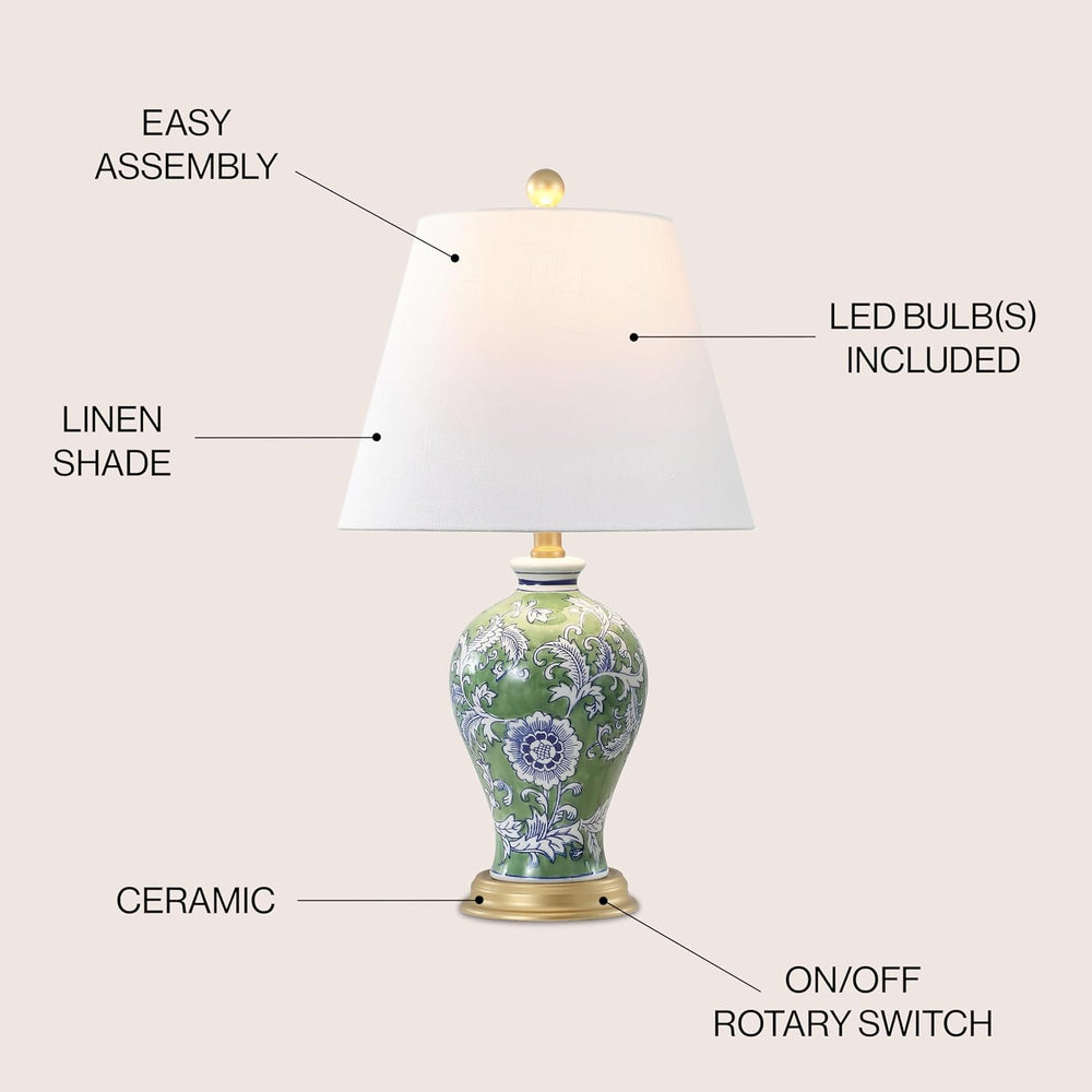 JONATHAN Y Grace 24" French Country Floral Urn Ceramic Lamp, Green/White