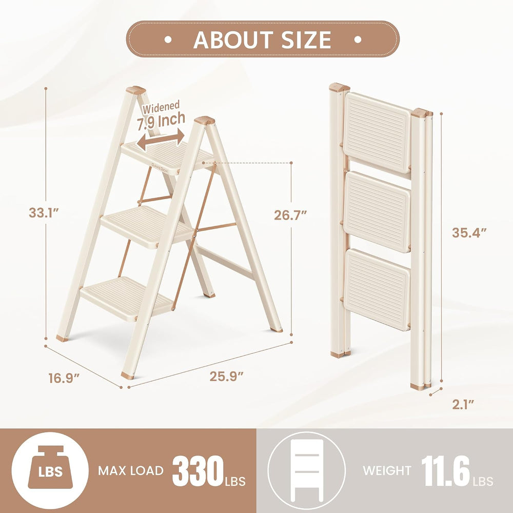 3 Step Ladder, Foldable Step Stool with Wide Anti-Slip Pedal