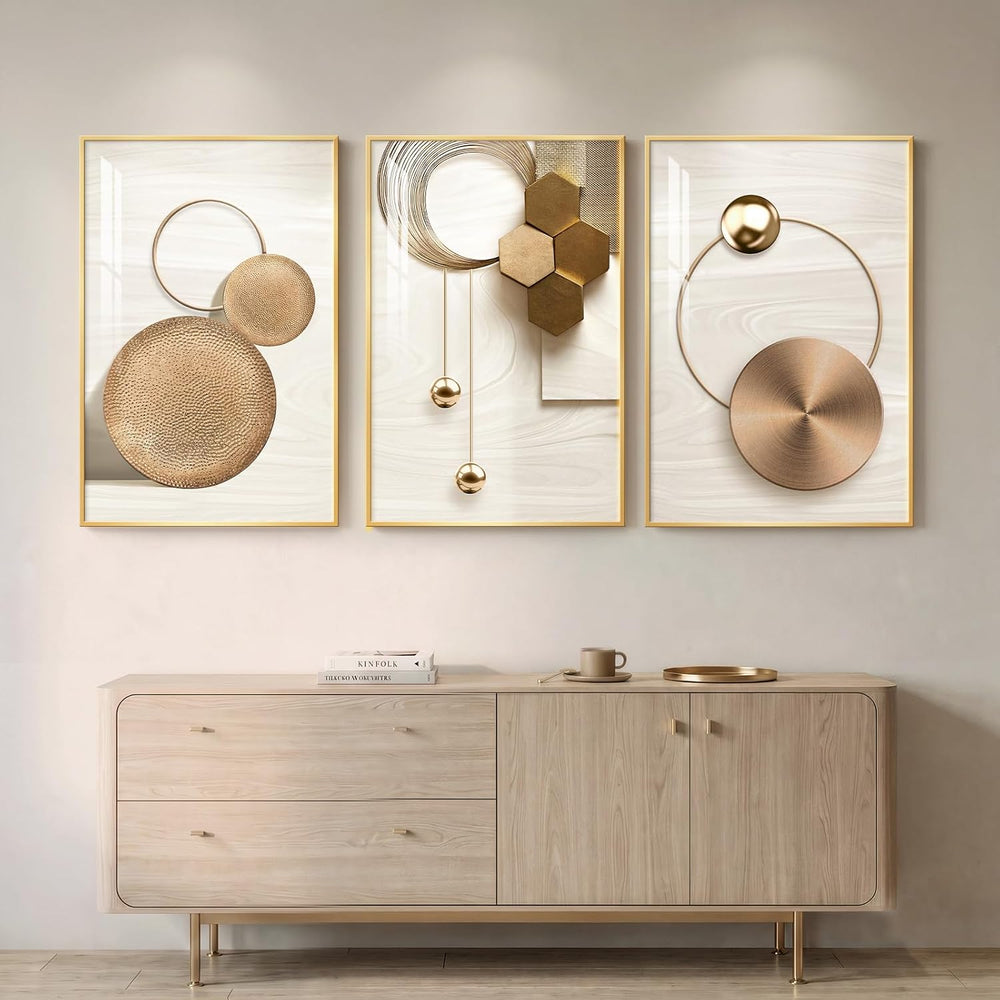 Large Framed Modern Luxury Gold Wall Art for Living Room, 3 Piece 24x36 In