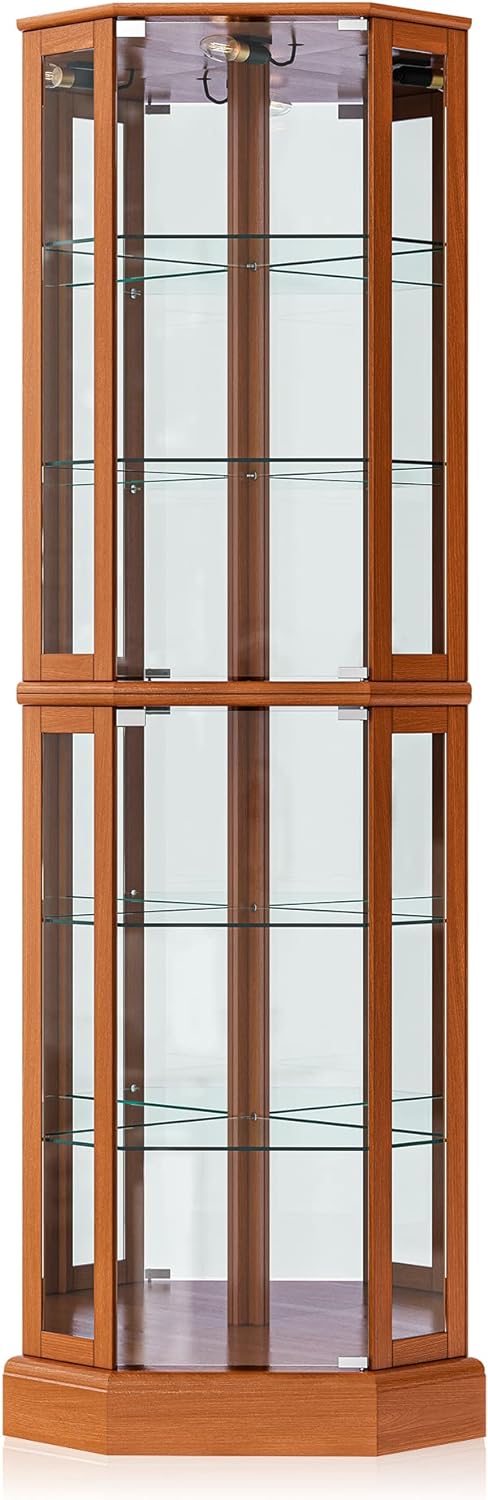 BELLEZE Lighted Curio Cabinet Corner Display Case for Living Room, China Hutch with Tempered Glass Doors and Shelves, Wooden Accent Cabinet, Bar and Liquor Storage Area - Ashfield (Oak)