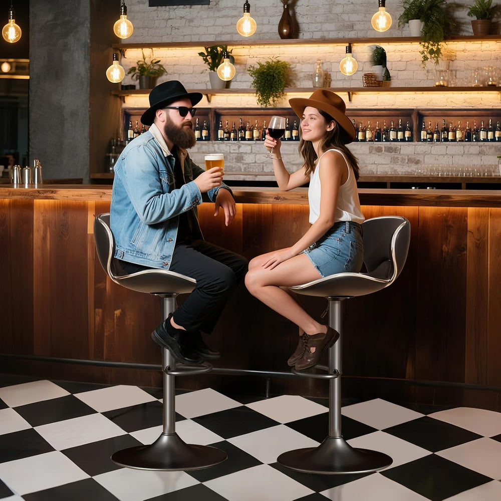 Bar Stools Set of 2 Adjustable Swivel PU Leather Black, Matte Black Base