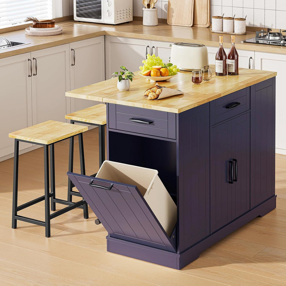 ONBRILL 47" Kitchen Island with Trash Can Storage, Include 2 Chairs, Blue
