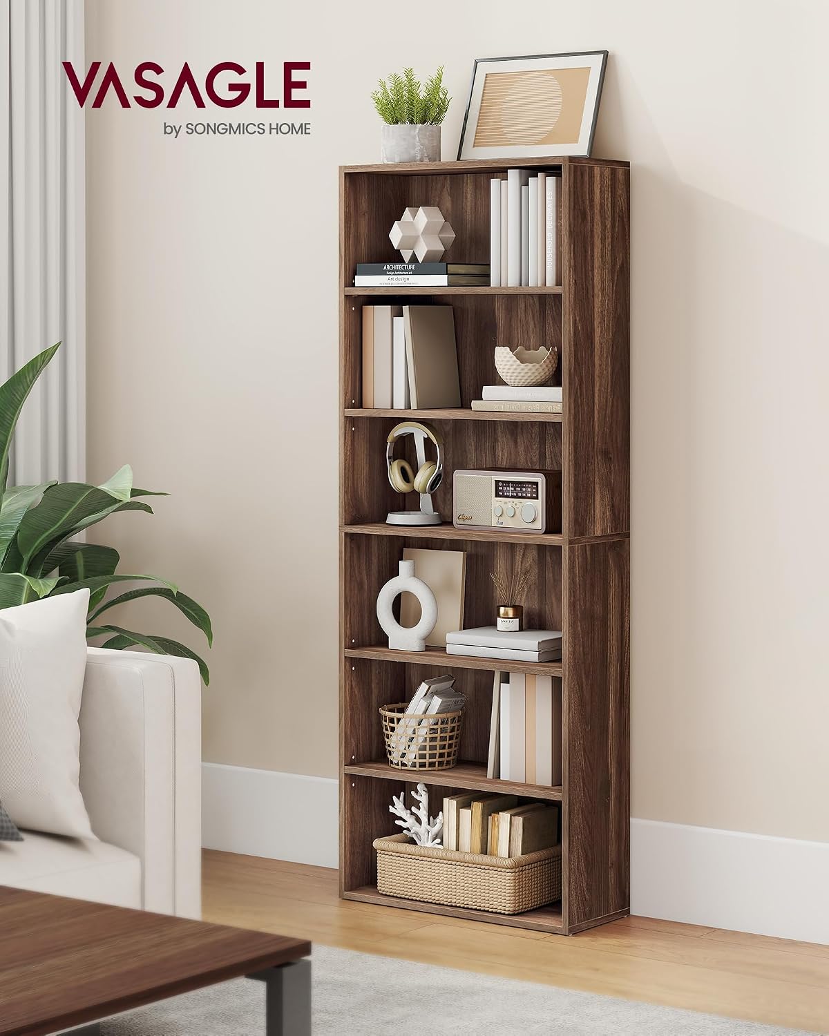 vasagle 6-tier bookshelf, storage organizer, 23.6 x 9.4 shown in use