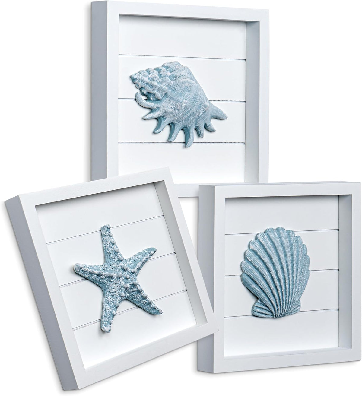 Tide and Tales 3D Coastal Wall Art, Beach Wall Decor, Framed Set of 4, Blue