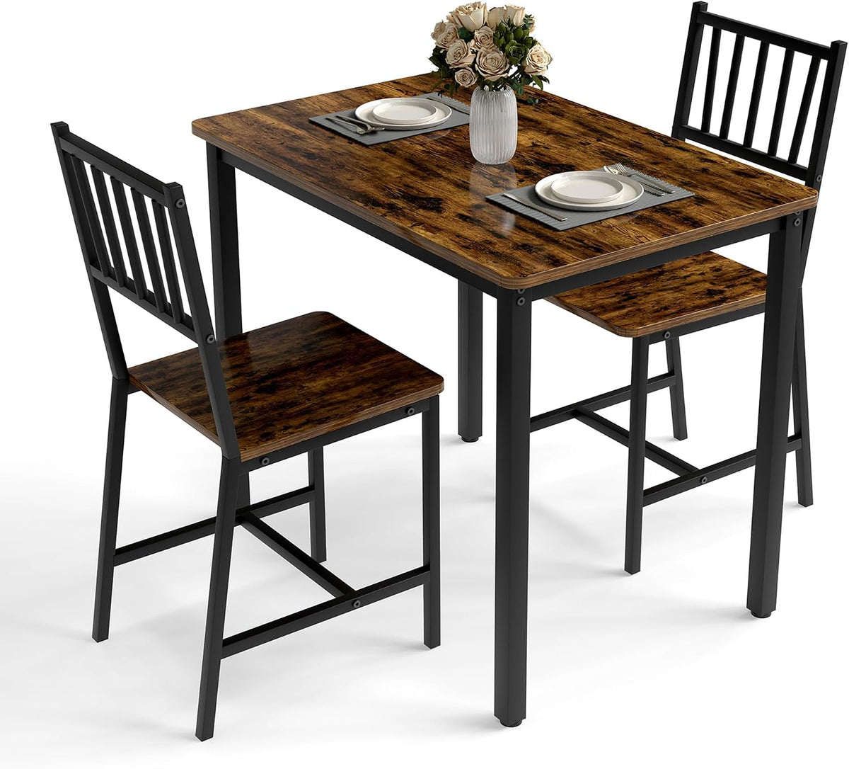 3-Piece Dining Table Set for 2, Space-Saving Kitchen Table Set for Small Spaces, Industrial Breakfast Table for Apartment, Studio & Nook, Natural Wood & Metal,Brown