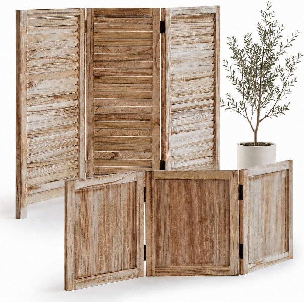 1 Pack 3 Panel Wood Short Room Divider Folding Screen Light Brown