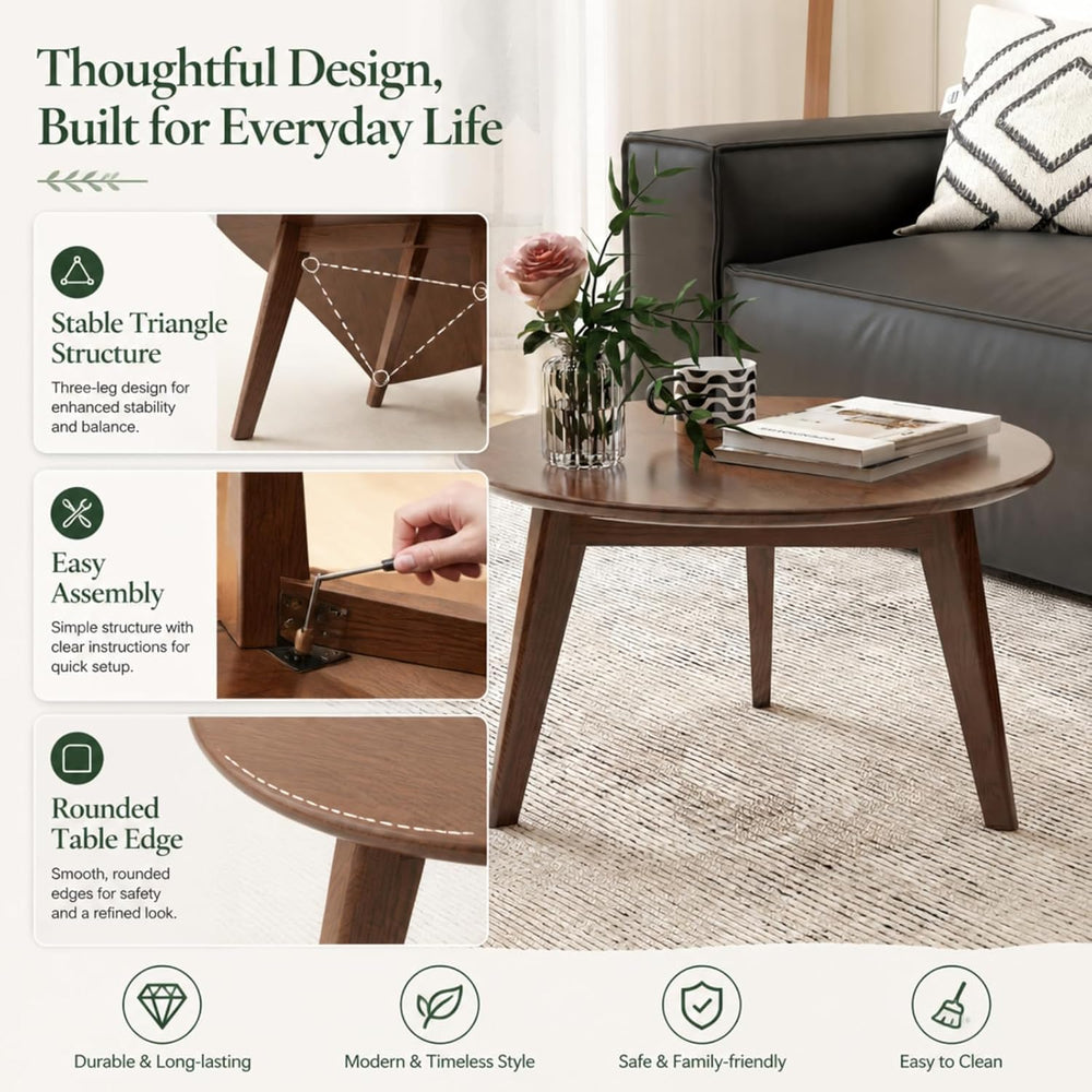 100% Solid Wood Round Coffee Table, Small Coffee Table w/Sturdy Legs, Wood Si...