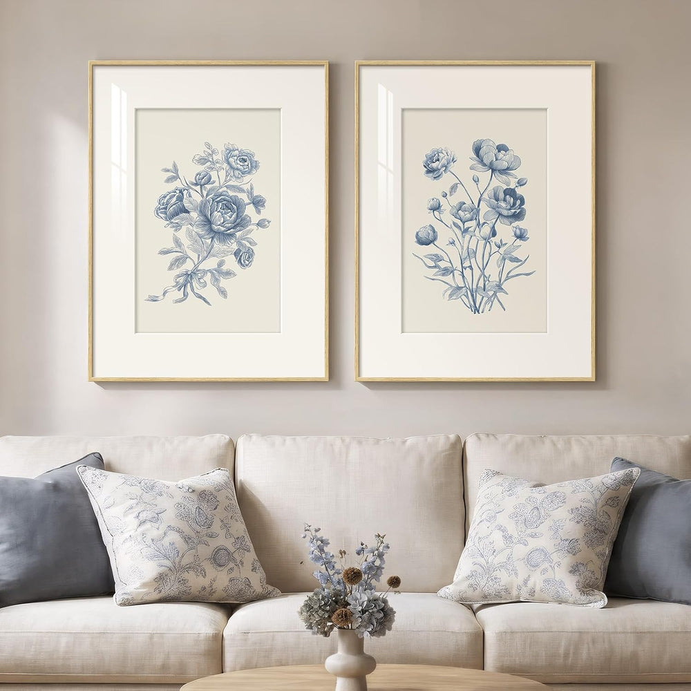 Framed Vintage Blue Floral Botanical Wall Art for Living Room, 2 Piece