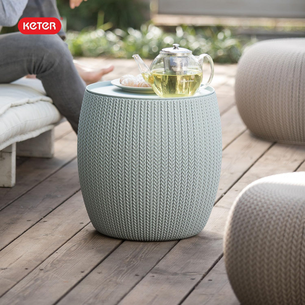 Keter Urban Knit Pouf Ottoman Set of 2 with Storage Table for Patio and Room ...