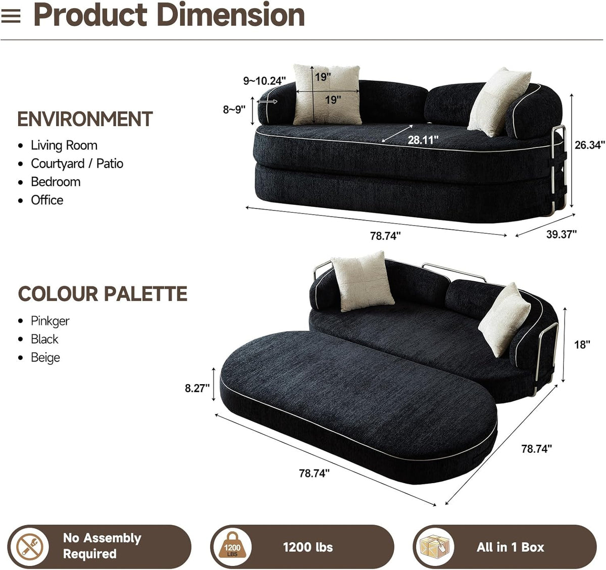 78" Sleeper Sofa Couch Bed Queen Size, 4-in-1 Pull Out Futon Couch, Black | No Assemble Foldable Corduroy Futon, Pull Out Couch 2 Pillows, Compressed Sofa for Living Room Small Spaces