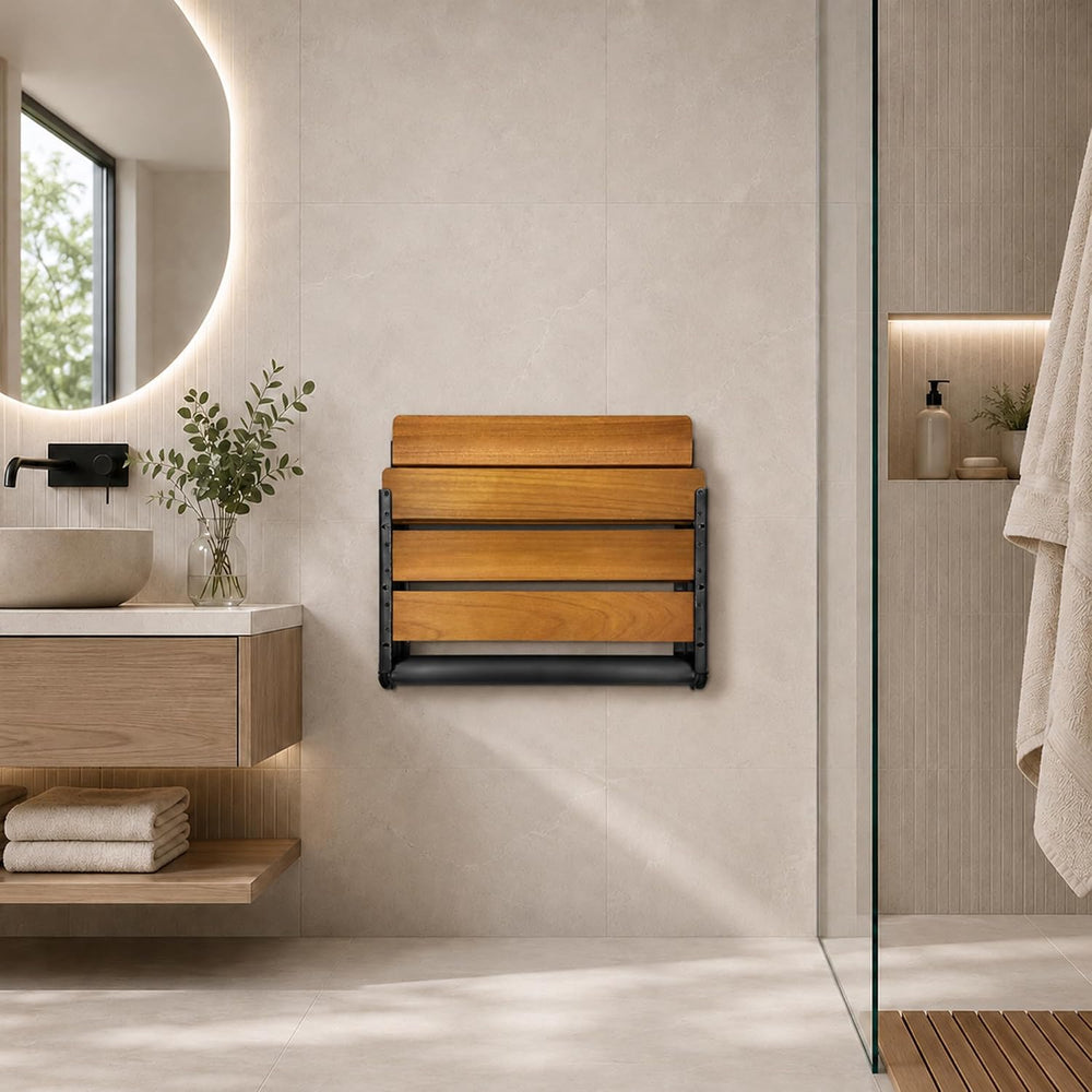 Folding Shower Seat Teak, Bathla Safety Furniture Stainless Steel, Shower Sea...