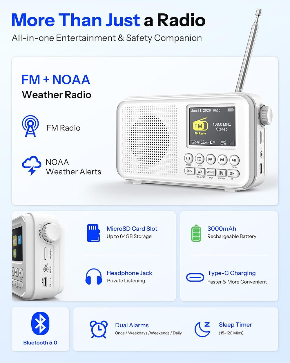 Portable FM Radio with Bluetooth, 3000mAh Rechargeable, NOAA Weather Alert