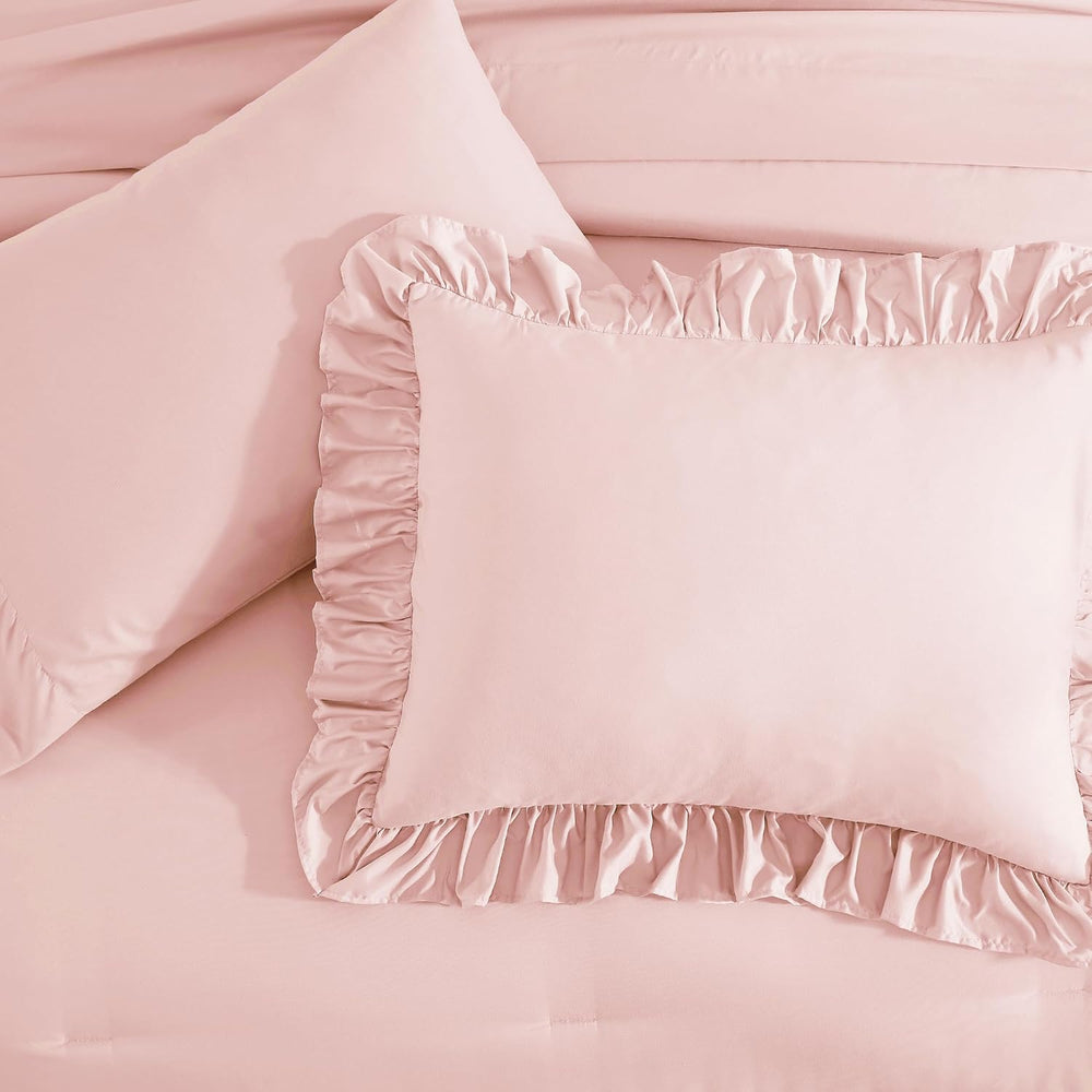 King Size Comforter Set Soft Pink Ruffle 7 Pieces Farmhouse Bed in a Bag