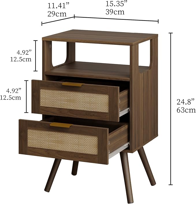 Rattan Nightstand,Farmhouse Bedside Table with 2 Storage Drawer and Open Wood Shelf, for Bedroom and Small Spaces,Night Stand with Solid Wood Legs (Walnut Brown)
