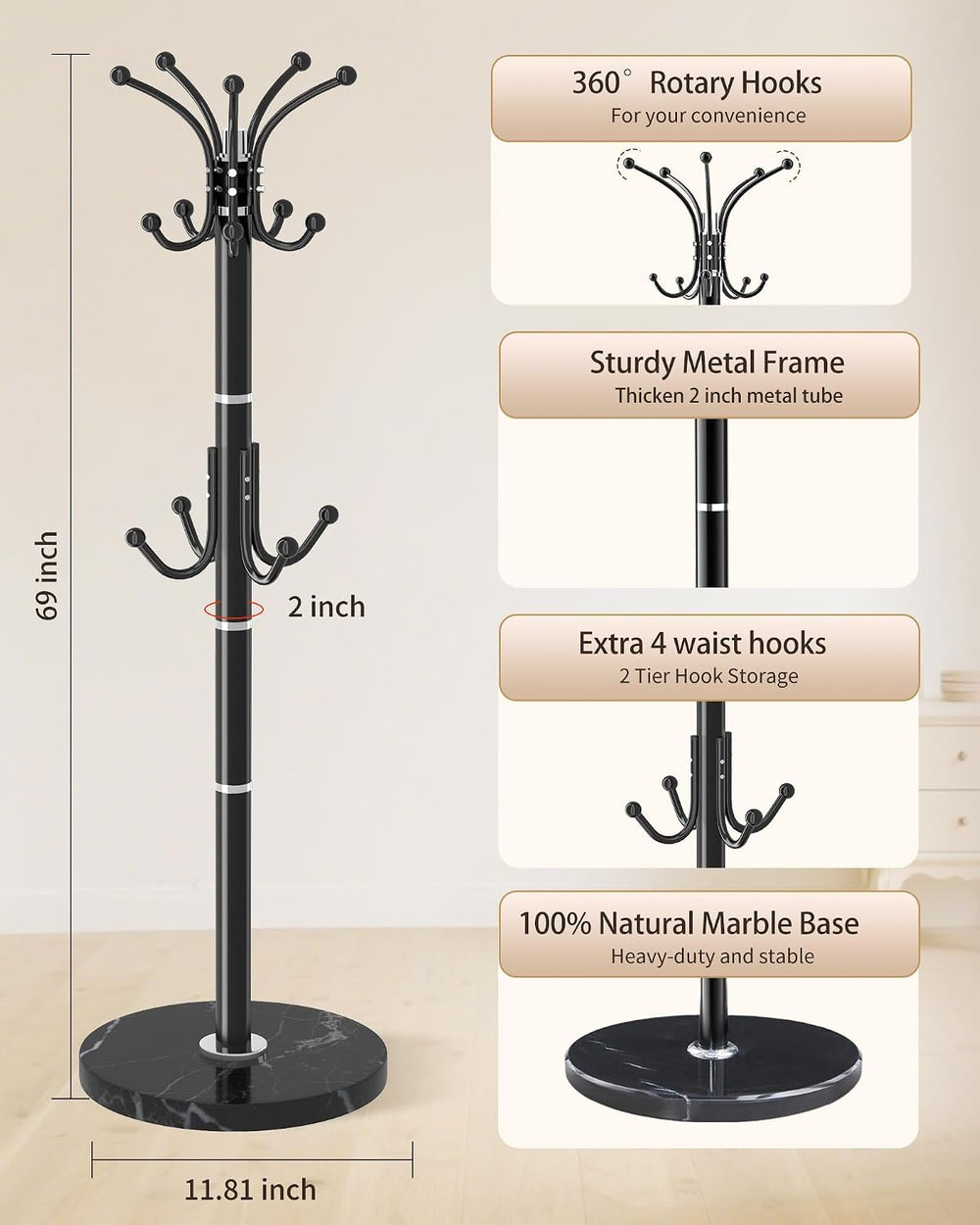 Metal Coat Rack Freestanding with 360°Rotary 14 Hooks Marble Base