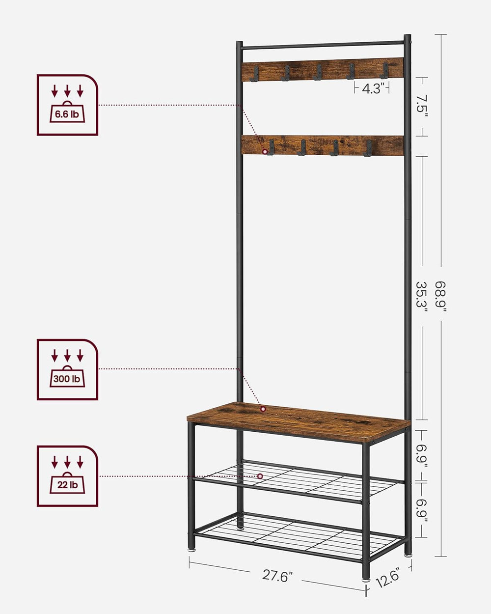 VASAGLE Coat Rack, Hall Tree with Shoe Storage Bench, 3-in-1, Steel Frame
