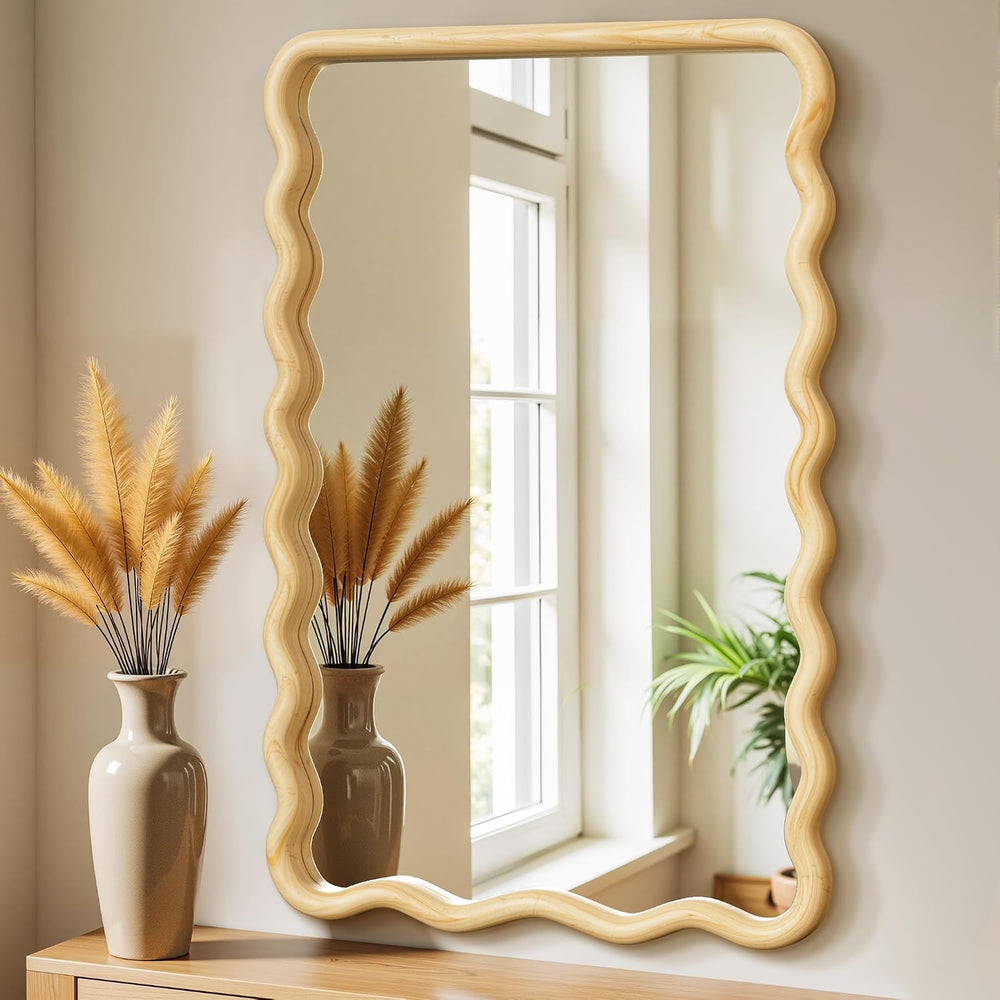 Wavy Wood Bathroom Vanity Mirror, 20"x30" Boho Decorative Wall Mirror