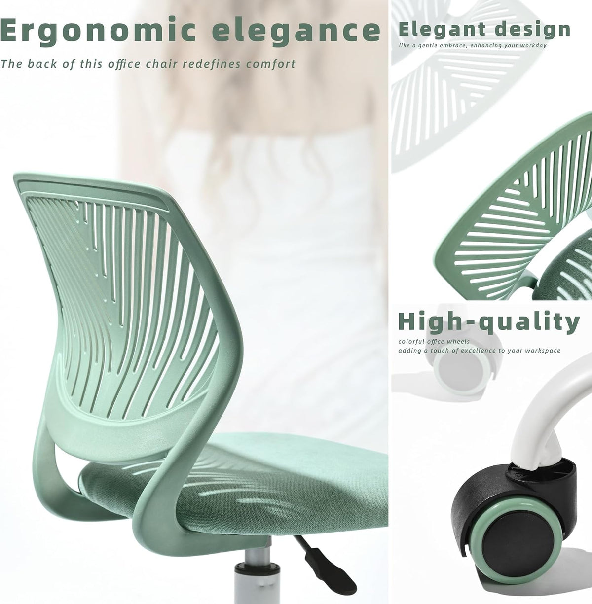 Armless Home Office Desk Chair, Colorful Task Chair with Soft Mesh Padded Cushion, Height Adjustable Swivel Study Computer Chair for for Girls Boys Teens (Green-1, 1PC)