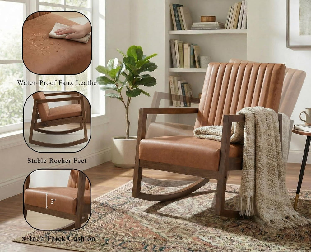 CIMOTA Leather Modern Rocking Chair Mid Century Armchair Upholstered Arm Chai...
