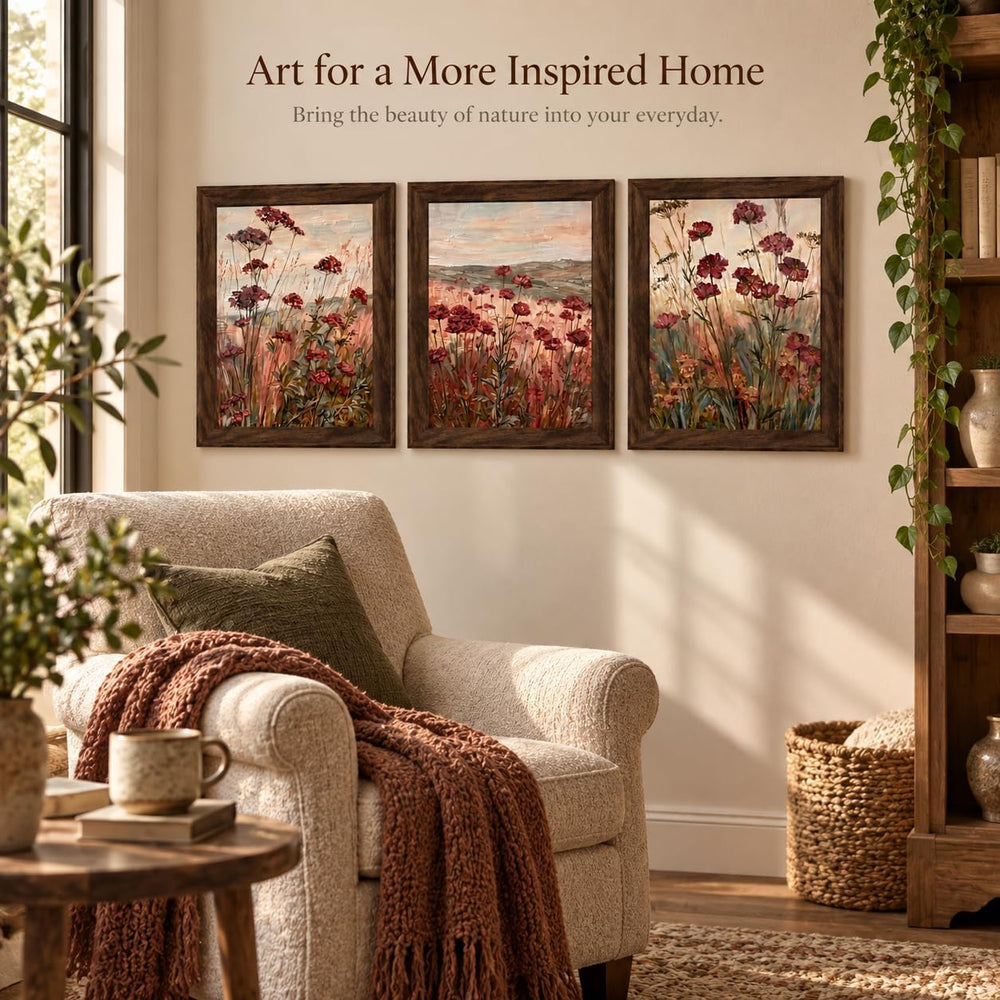 Floral Textured Canvas Wall Art Set 3Pcs Framed Rustic Botanical 16X12 Inch