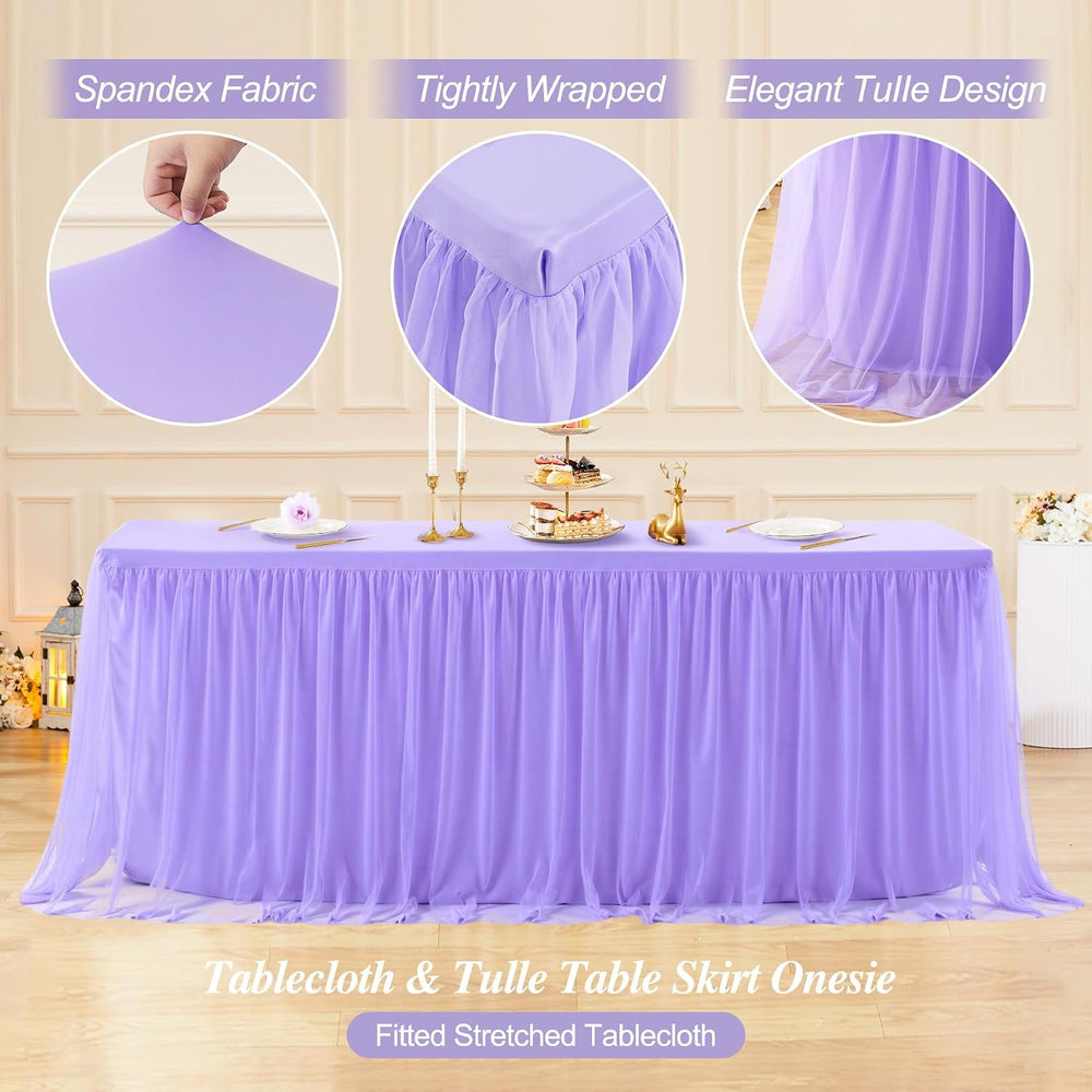 2 Pack Lavender Tablecloth for 6 Foot Rectangle Tables Tulle Table Skirt