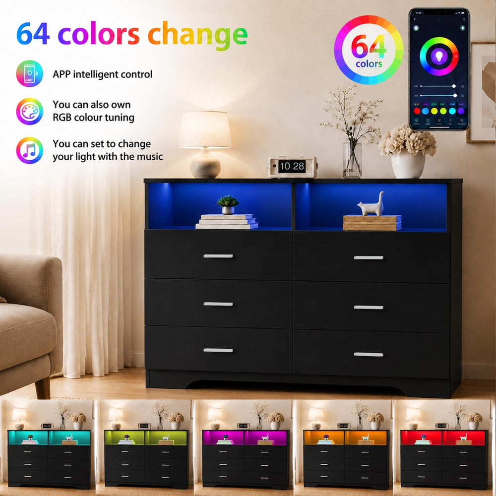 GEPELCN 6 Drawer Dresser with Power Outlets and LED Wooden Chest of Drawers w...