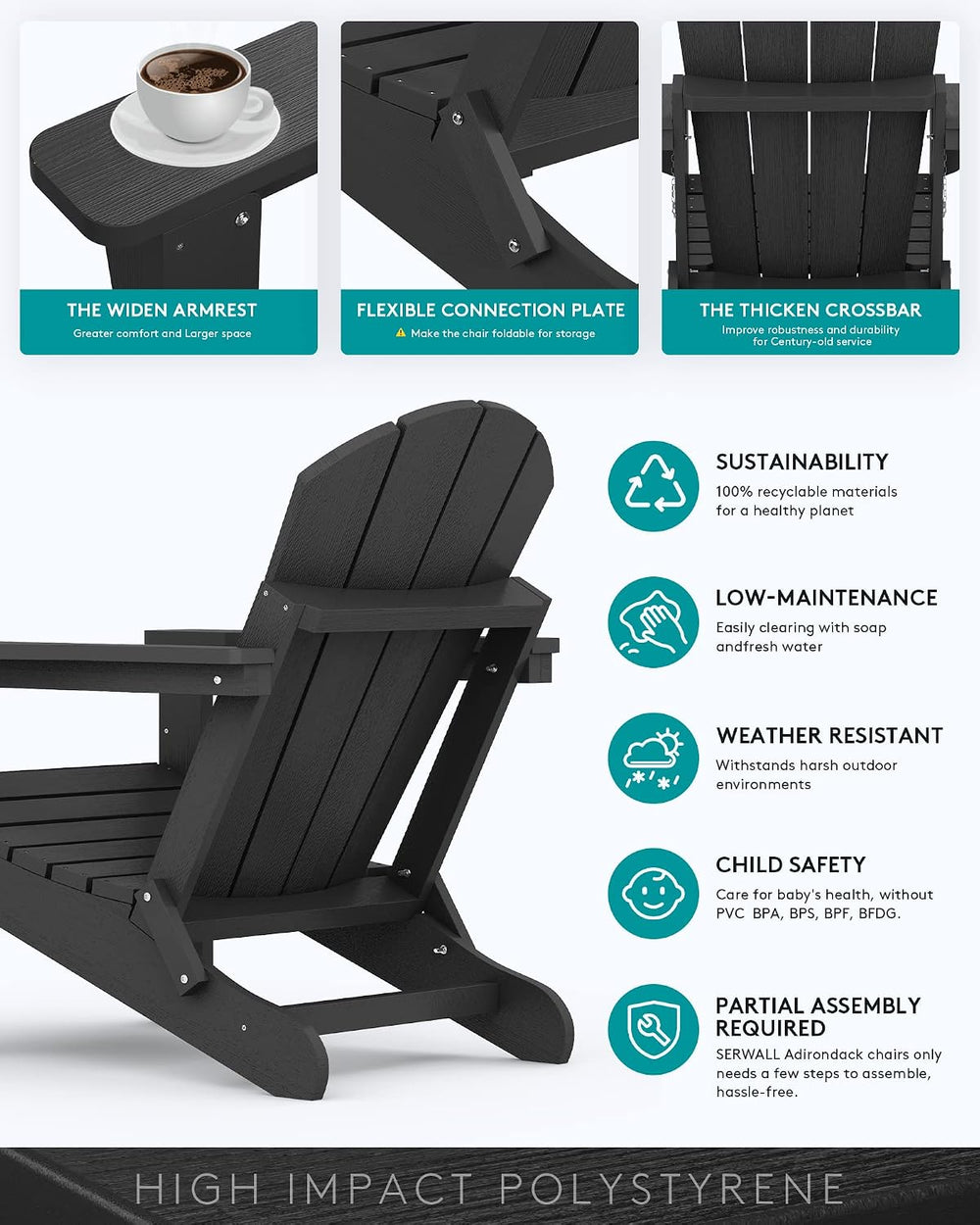 SERWALL Folding Adirondack Chairs with Cup Holder, Outdoor Fire Pit - Black
