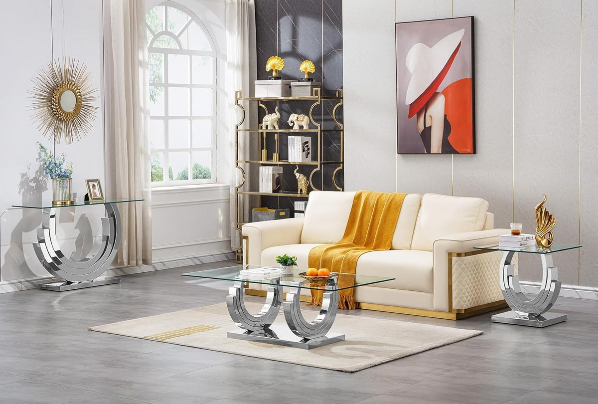 3 Piece Living Room Table Set, Rectangle Tempered Glass Coffee Table, End Tables, Console Table, Luxury Modern Clear Coffee Table Set of 3 with Silver Steel Base for Living Room, Apartment