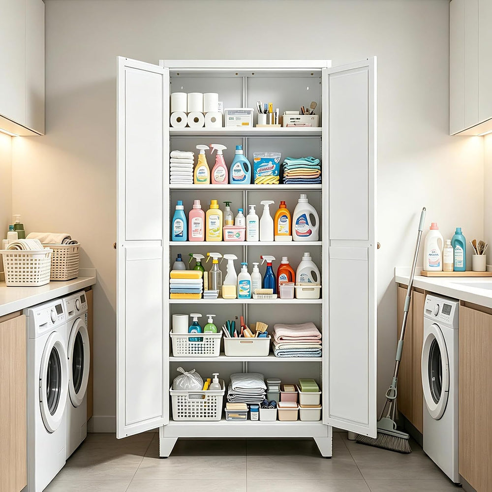 75" White Metal Pantry Cabinet with Doors & 5 Adjustable Shelves