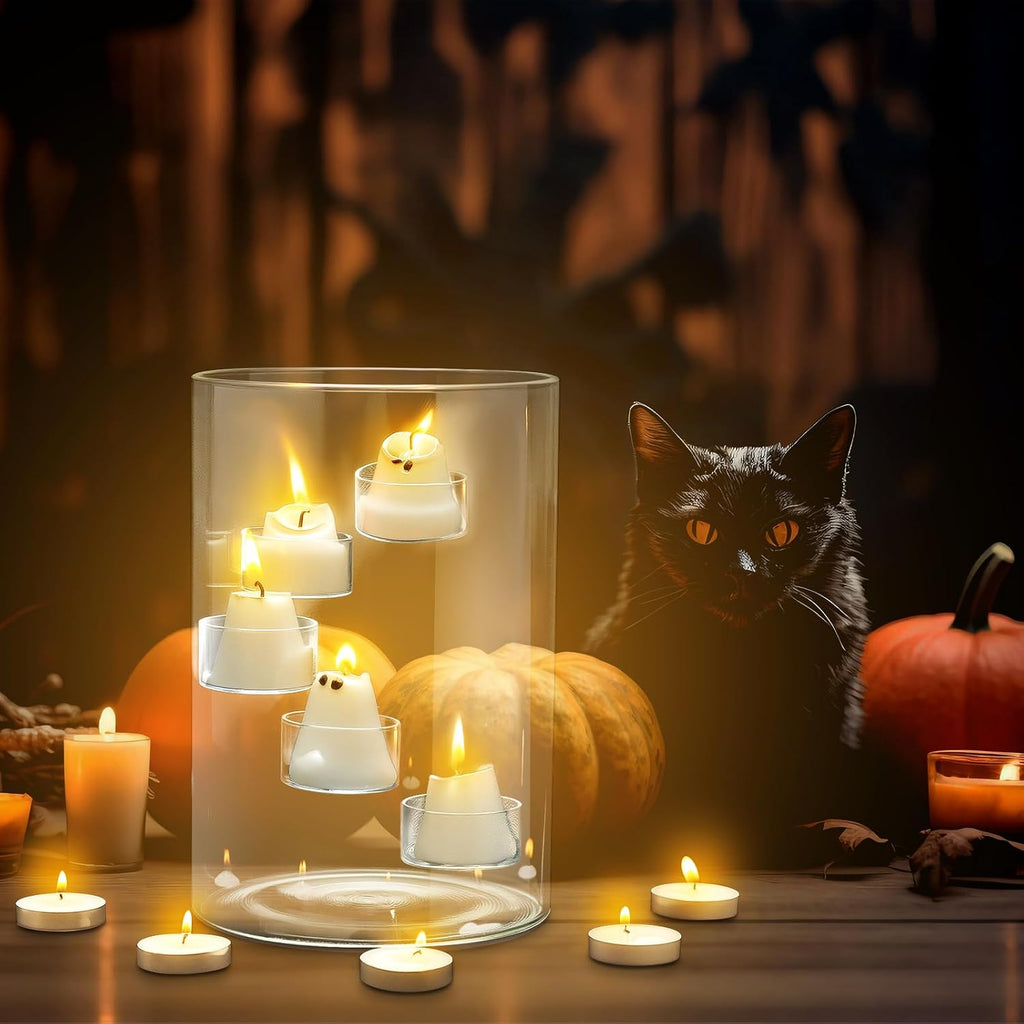 Reallnaive Halloween Glass Hurricane Candle Holder with Candles and Tea Light Clear Cylinder Pillar Candle Holder for Halloween Table Centerpiece Decorations (13 Candles,Single Style) (13 Pcs)