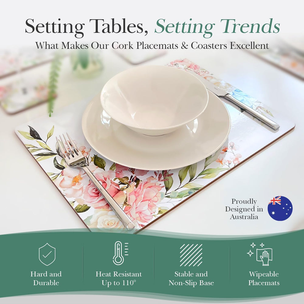 Cork Placemats Set of 6 Matching Coasters I Heat Resistant Place Mats for Din...