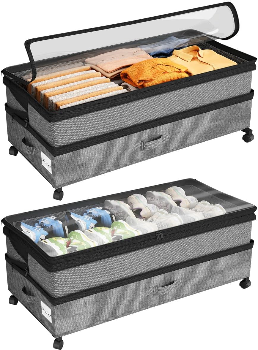 Kitstorack Under Bed Storage with Wheels 2Pack Height-adjustable Under Bed Storage Containers,Under Bed Shoe Storage Organizer with Clear Window&Label, Suitable for Clothes Storage, Gray