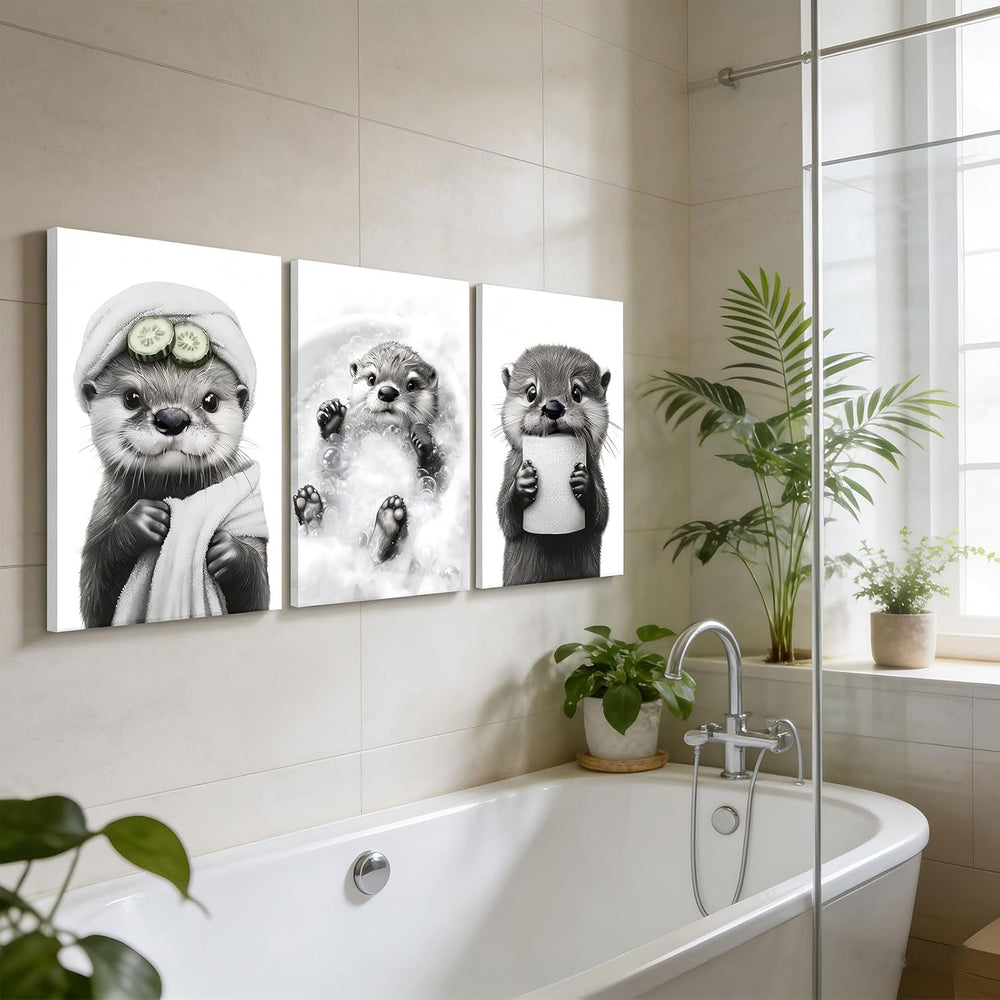 3Pcs Cute Otter Canvas Wall Art Funny Bathroom Paintings Pictures Wall Decor ...
