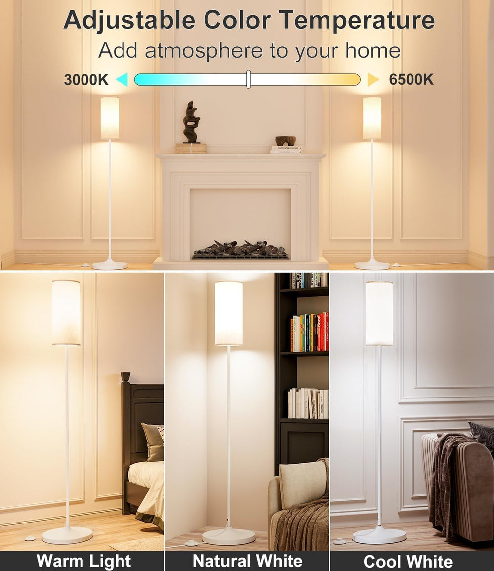 USTO Dimmable Floor Standing Tall Lamp, 12W Led Bulb with Lampshade,White