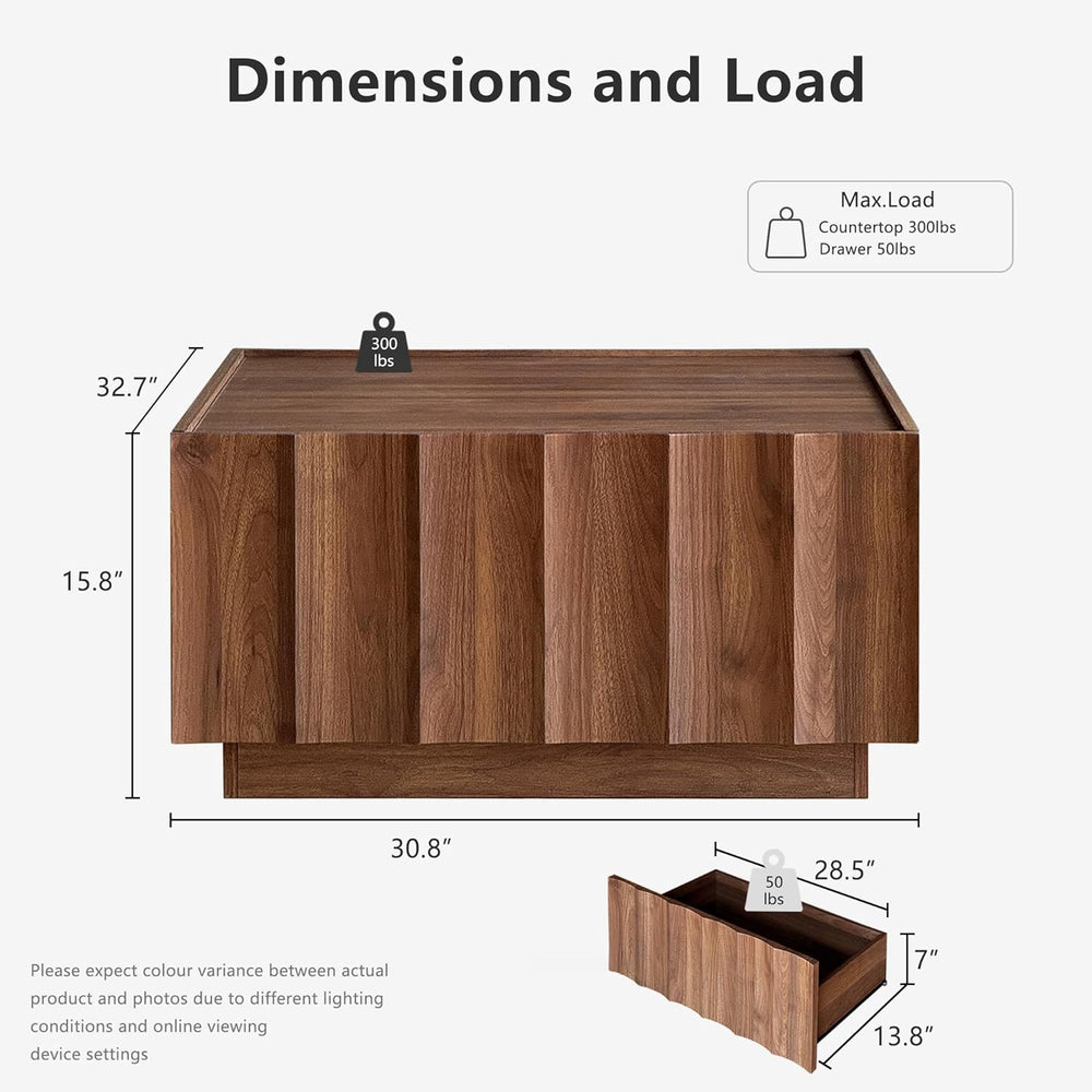 win2win Square Coffee Table with Storage, Wave Design, Walnut