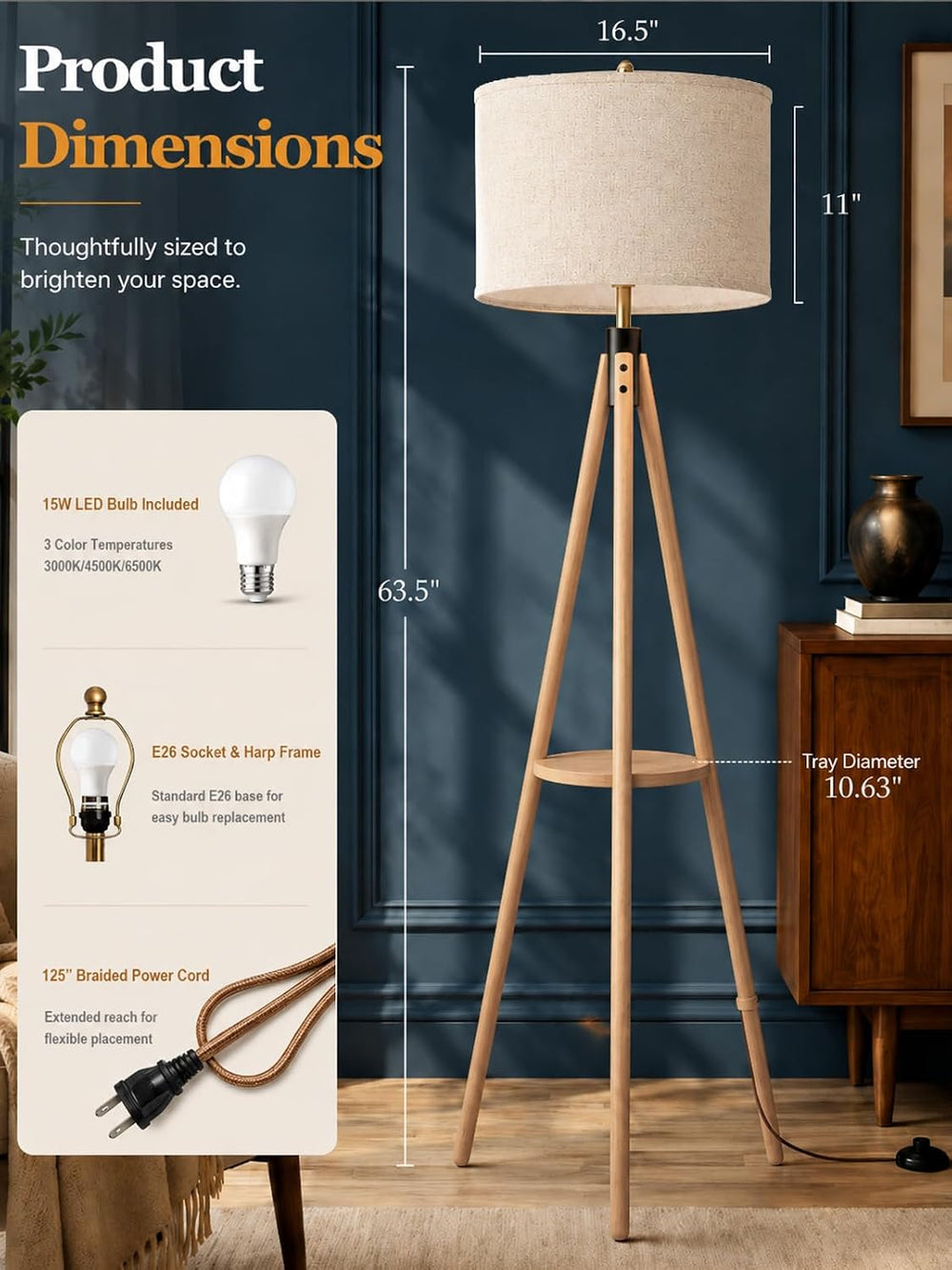 MOFFE Mid Century Solid Wood Tripod Floor Lamp with Tary & Remote Control