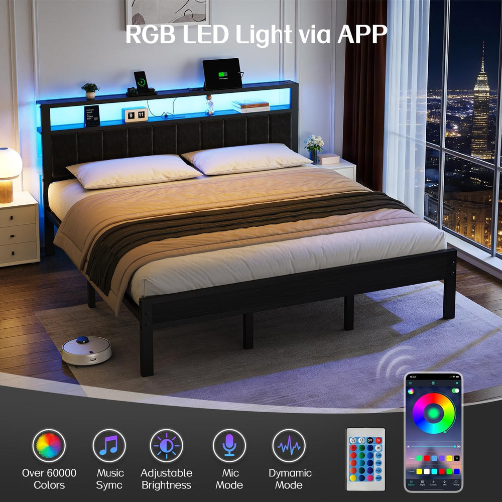 OLEVS King Bed Frame with Charging Station & LED Lights Modern Platform Bed