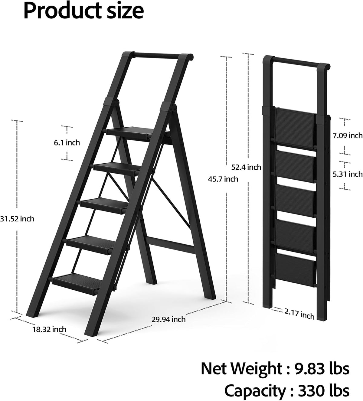 5 Step Ladder Foldable, Lightweight Aluminum Step Stool