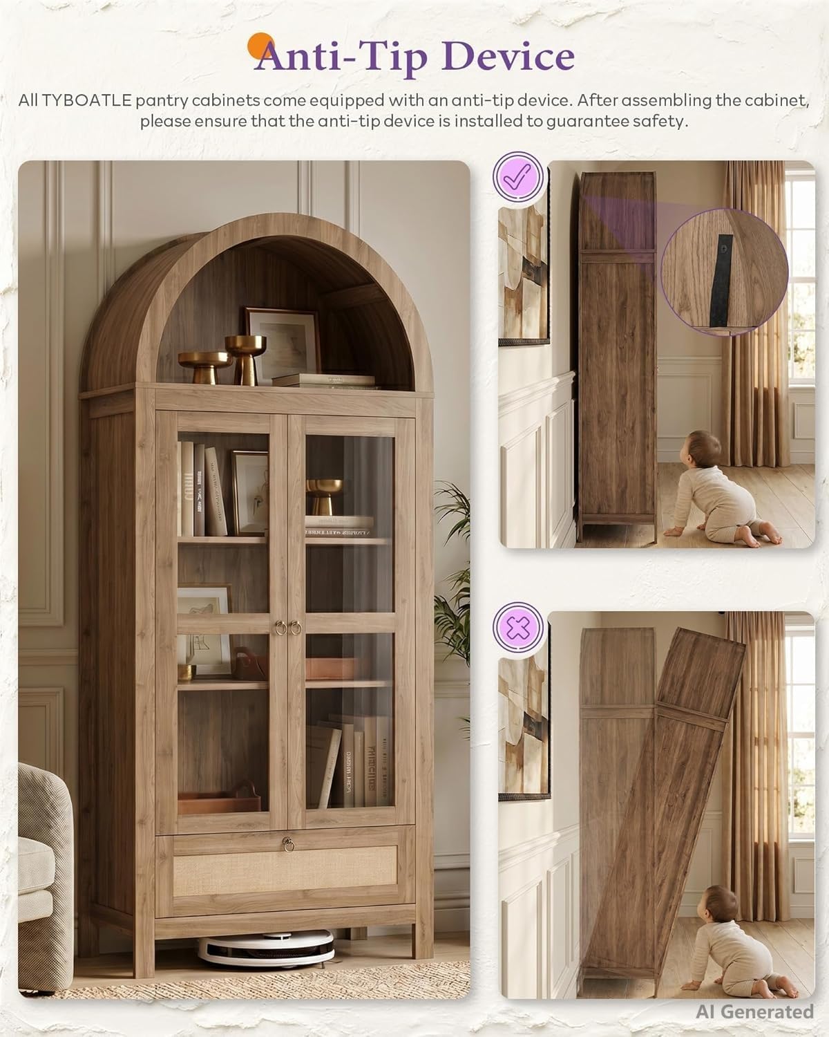 TYBOATLE 71'' Arched Pantry Cabinet with Glass Door for Kitchen Dining Room