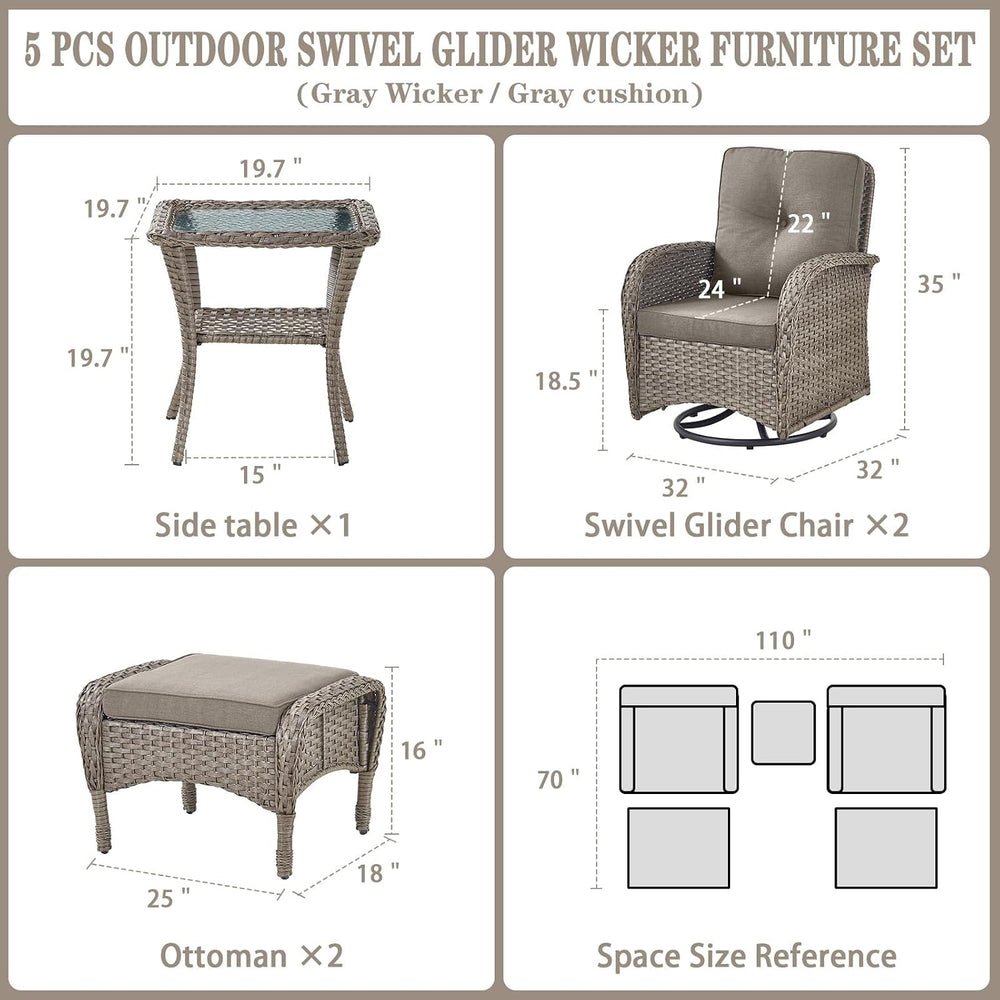 Belord 5 Piece Swivel Rocker Glider Outdoor Chairs Set of 2 with Ottoman and ...