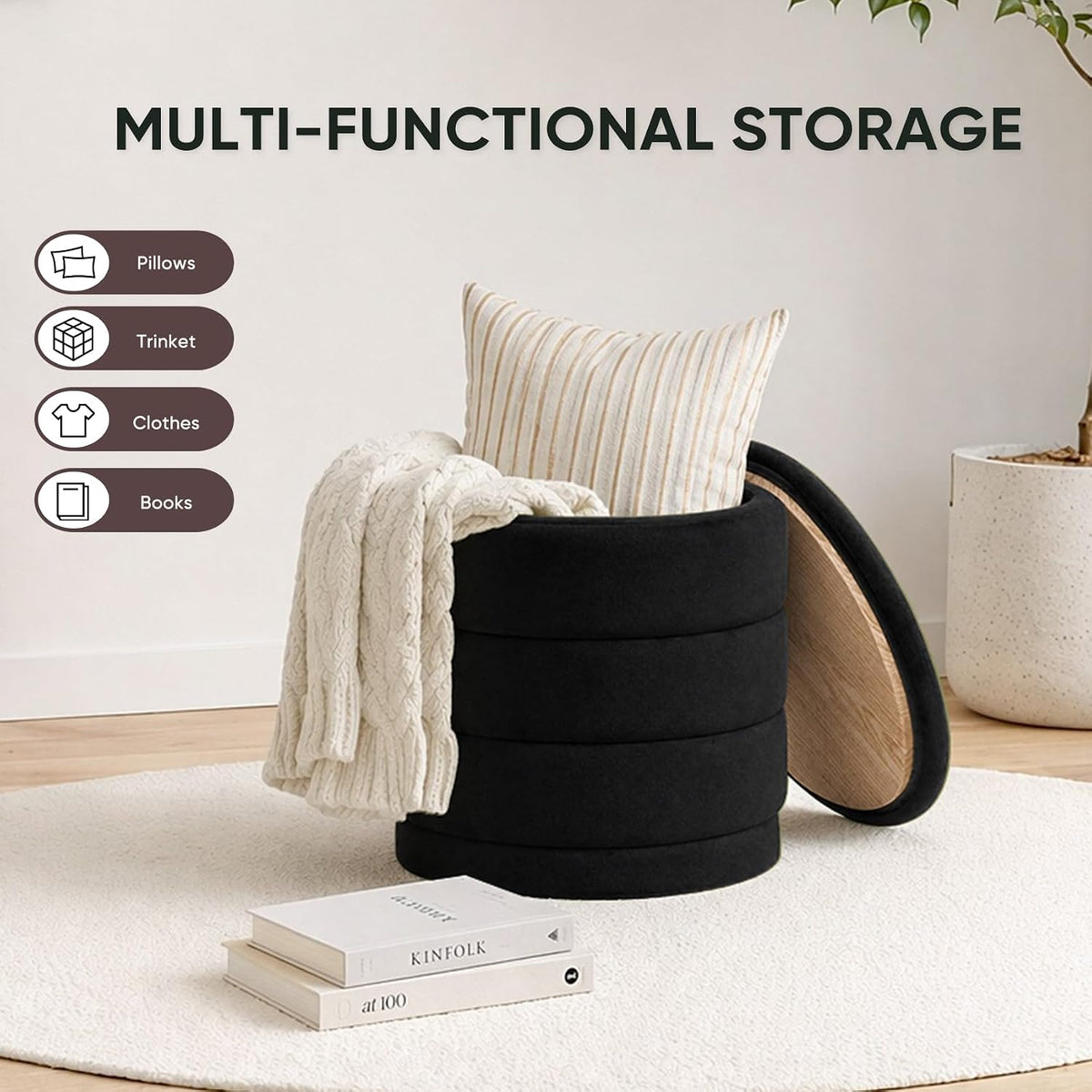 15" Round Velvet Storage Ottoman with Tray | Upholstered Folding Foot Rest Vanity Stool, Multifunctional Coffee Table for Living Room Bedroom Dorm