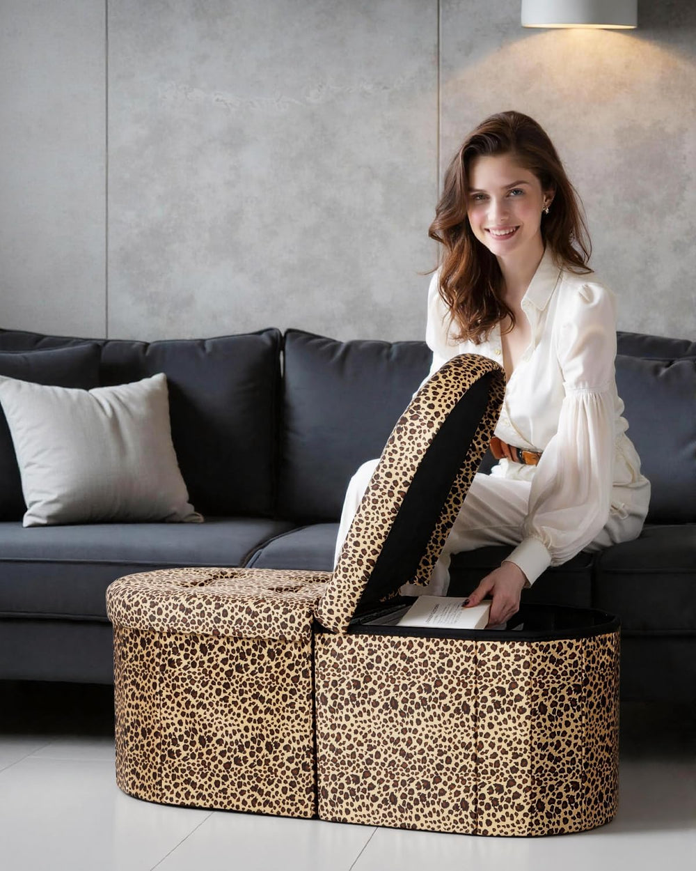 AmasSmile Oval Ottoman Storage Bench,34" Leather Folding Chest,Leopard