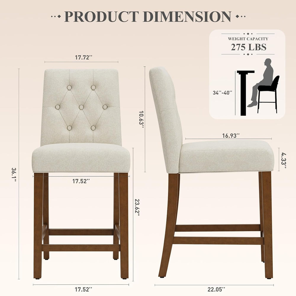MALOL Bar Stools Set of 2, Fabric Counter Height Bar Stools,Beige