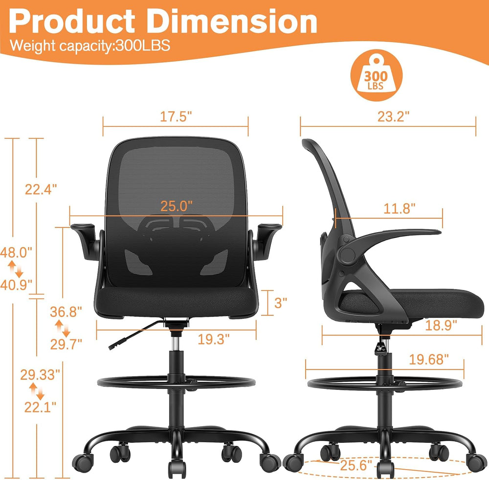 ORRSAKER Drafting Chair, Tall Office Chair with Flip-up Arms, Mesh Ergonomic ...