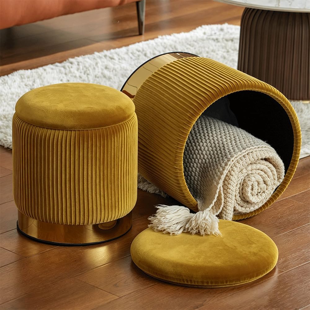 Round Ottoman with Storage, Yellow Velvet, Set of 2